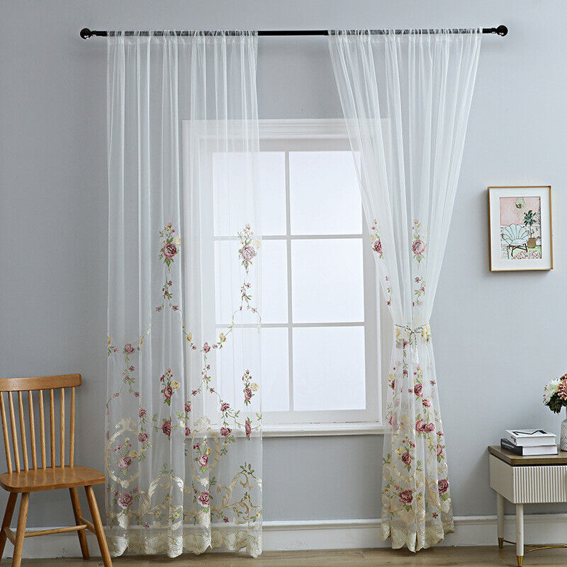 Rod Pocket Sheer Curtain Embroidered Floral Design American Style for Home
