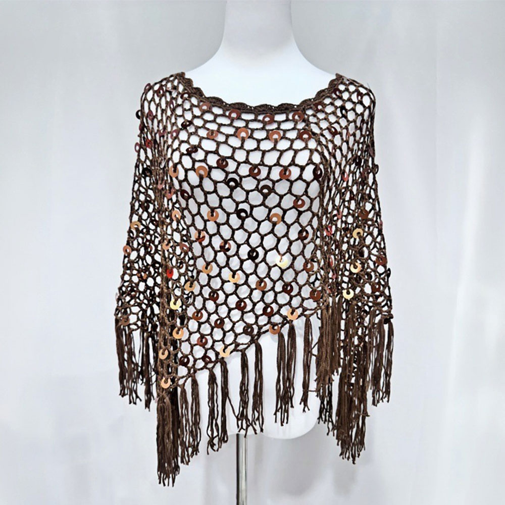 Boho Crochet Sequin Triangle Scarf Shawl Wrap Handmade Tassels for Women