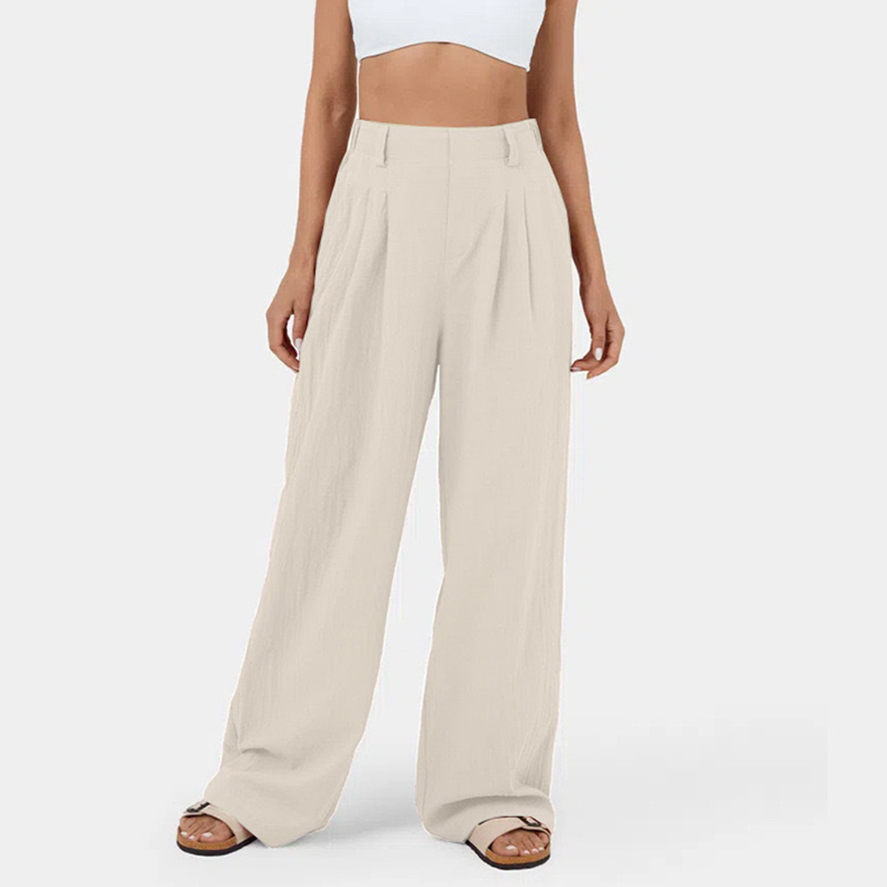 Women's High Rise Wide Leg Trousers Casual Loose Fit Full Length Polyester Pants
