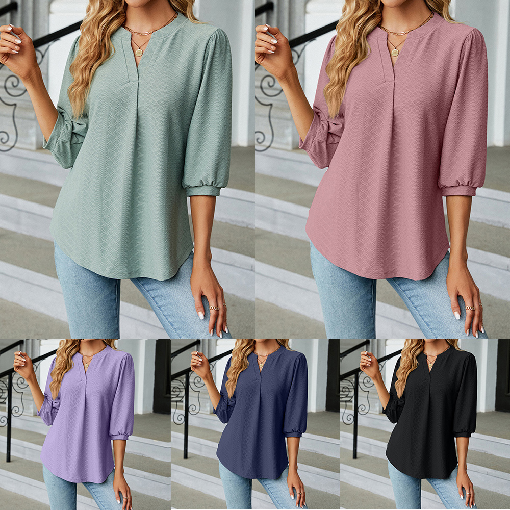 Women's V-Neck Jacquard T-Shirt Side View