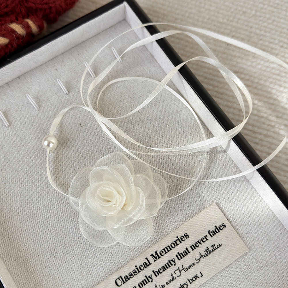 Beautiful Soft Colored Necklace Tie with Flower Motif and Pearls. Elegant Unique Design Pink Calla Lily Pearl Tassel Flower  main image 4