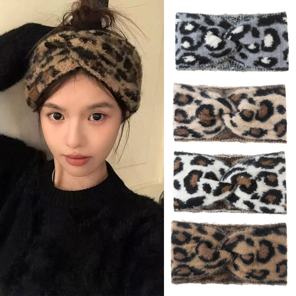 Leopard print cross knit headband front view